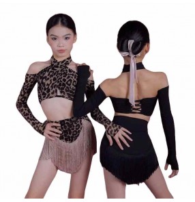 Girls kids black leopard latin ballroom dance costumes salsa rumba cha cha performance outfits for children